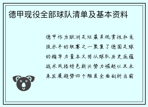德甲现役全部球队清单及基本资料